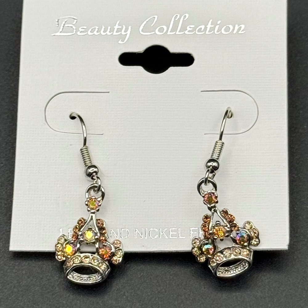 Beauty Collection Silver Tone Iridescent Rhinestone Crown Dangle Earrings New